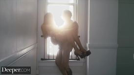 Sweet young black girl Scarlit Scandal is having interracial hardcore on stairway