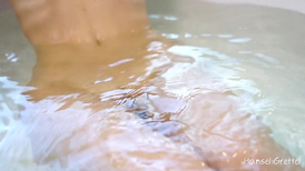 Stunning blonde enjoyed hot bath until her fucker joined her and destroyed shaved pussy